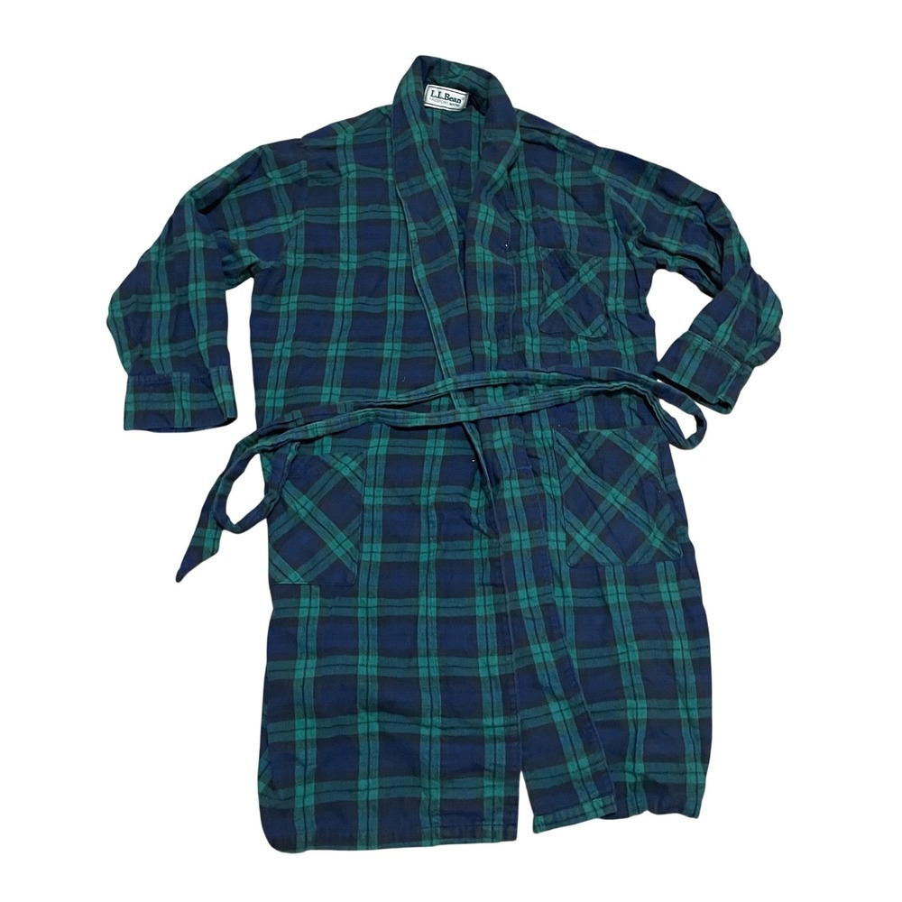VTG LL Bean Men's Large Black Watch Plaid Flannel Robe Made in USA Green Navy